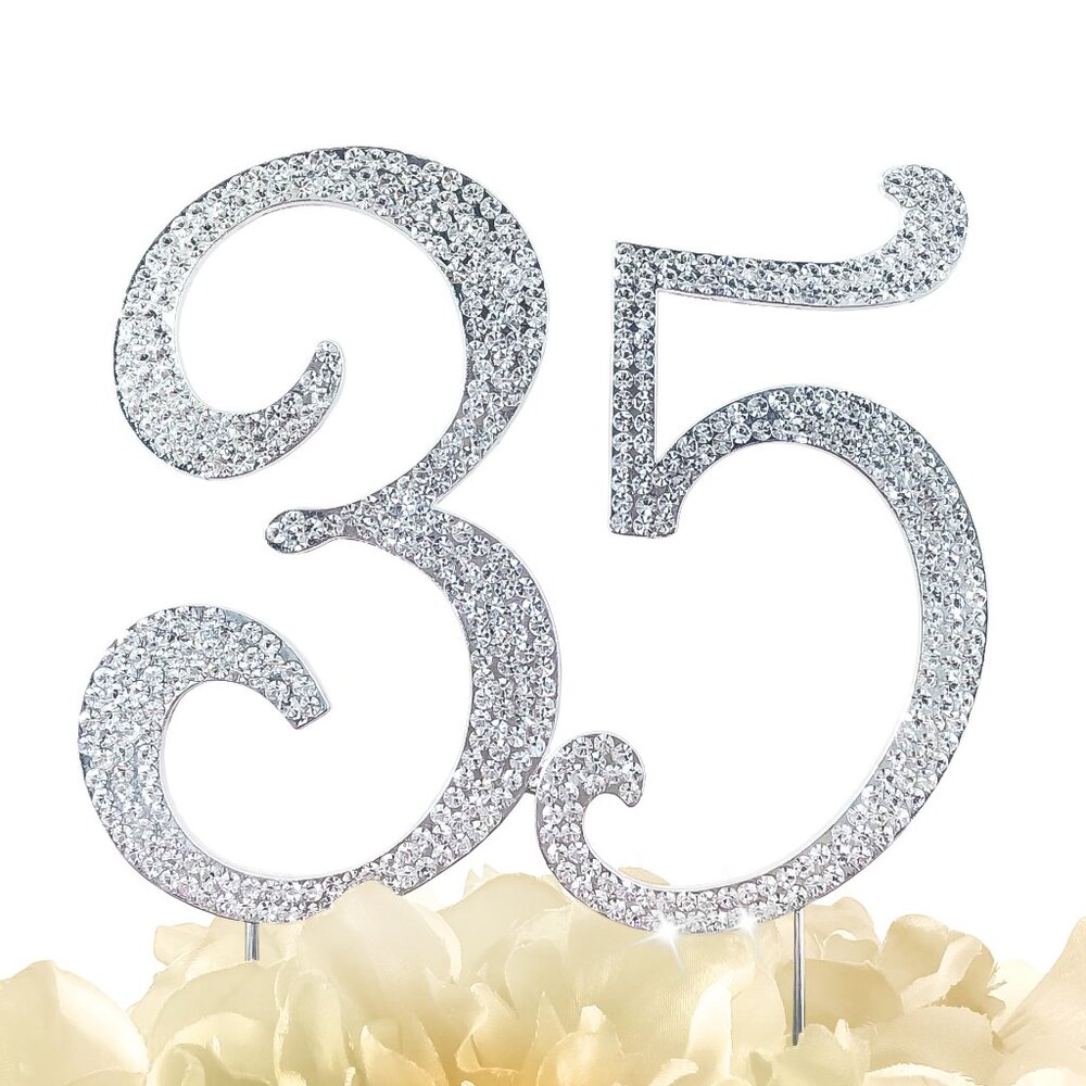 Rhinestone Cake Topper - Number 35 - Silver Metal with Czech Rhinestones